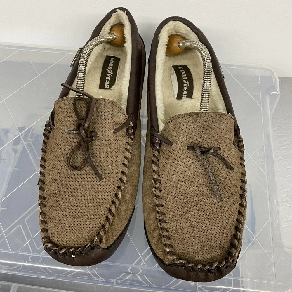 Goodyear‎ Slippers Shoes Mens Size 10 Brown Suede Moccasin Faux Fur Lined Indoor